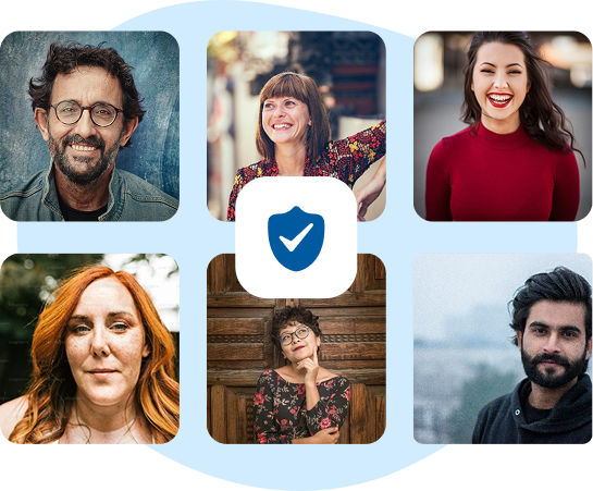 Retratos de personas con un símbolo de seguridad para compras online fiables con protección al comprador.